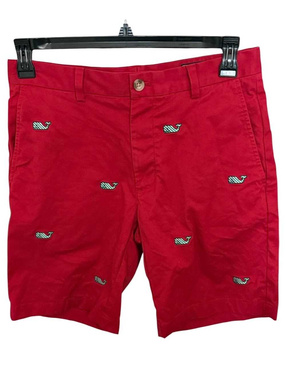 Vineyard Vines Breaker red shorts with embroidered green/white striped whale, 30